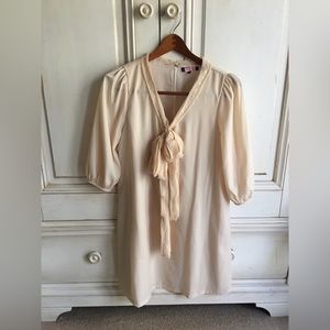 Worn once Modcloth C. Luxe ivory/cream sequined bow mod shift dress with pearls